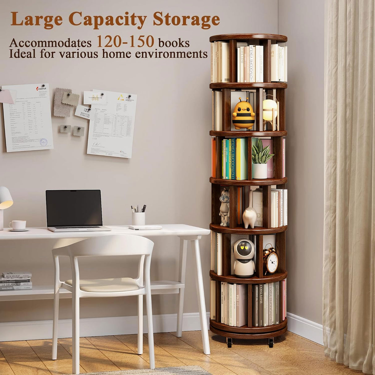 MKSDJIW 6 Tier Rotating Bookshelf, Solid Wood Spinning Bookcase Tower, 360° Spinning Book Shelf Tower for Kids, Narrow Rolling Bookshelves for Small Space, Bedroom, Office MKSDJIW