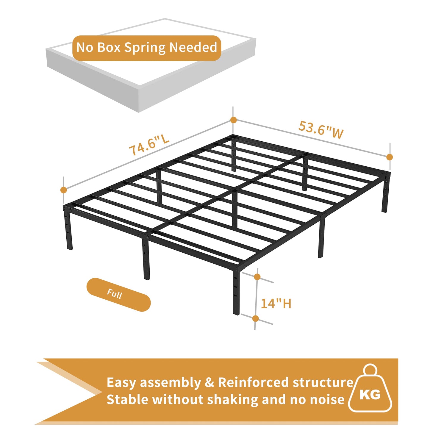 Hafenpo 14-Inch Heavy Duty Full Bed Frame - Sturdy Metal Platform with Under-Bed Storage - WoodArtSupply