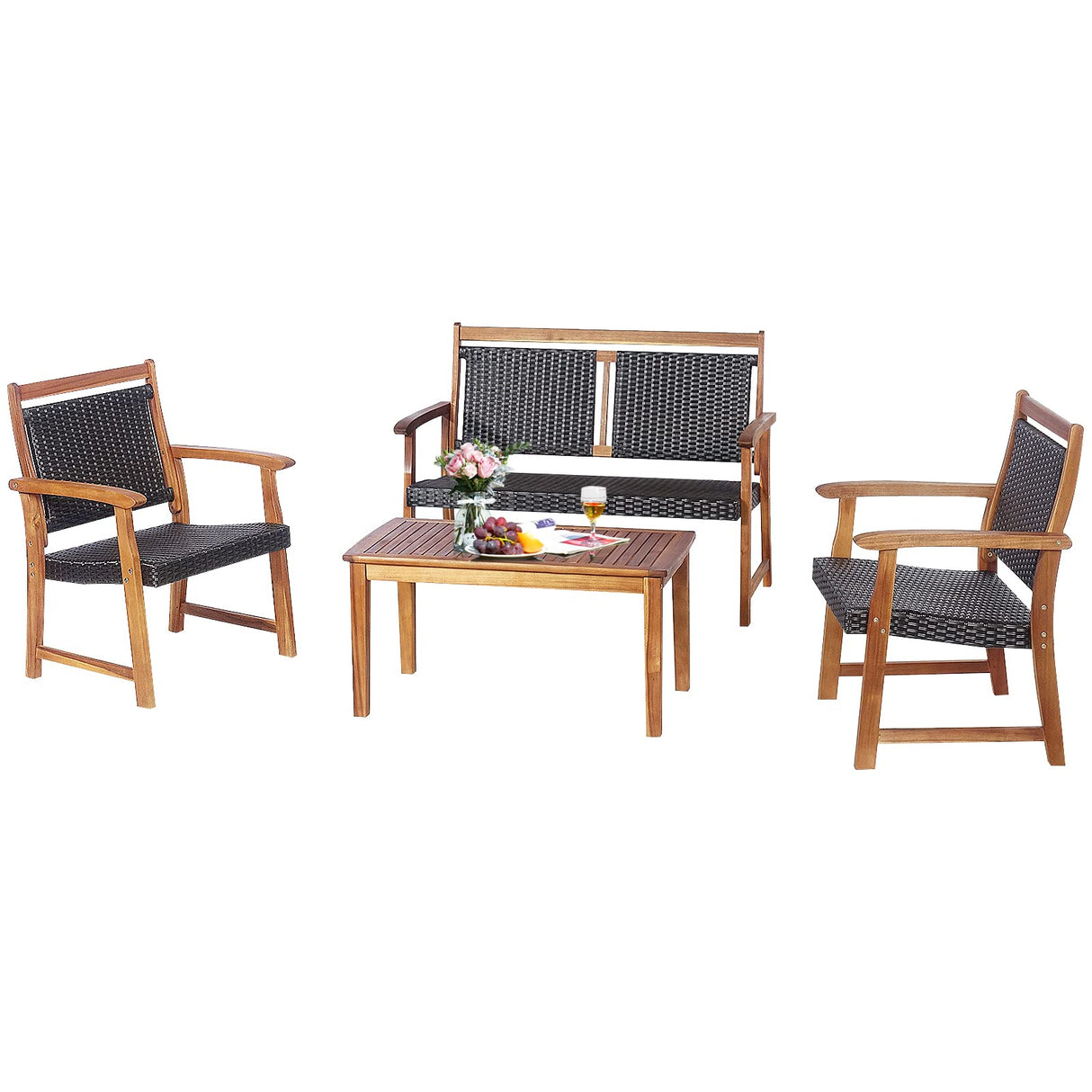 Tangkula 4 Pieces Patio Rattan Conversation Set with Acacia Wood Frame, Patiojoy Outdoor Furniture Set with Chairs & Coffee Table, Sectional Furniture Set for Garden, Backyard, Poolside Tangkula