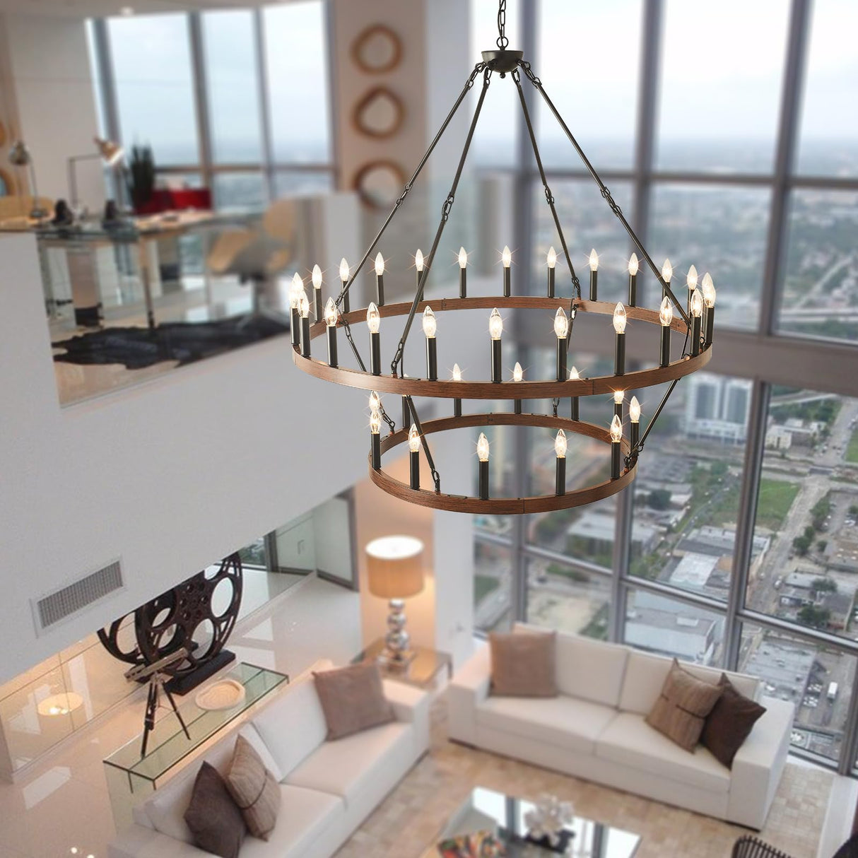 HHR 48" Wood-Grain Surface Double Tier Wagon Wheel Chandelier, 36-Light Round Farmhouse Pendant Light Fixture, Rustic Hanging Lighting for Dining Room Living Room Office(Not Solid Wood) HHR