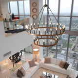 HHR 48" Wood-Grain Surface Double Tier Wagon Wheel Chandelier, 36-Light Round Farmhouse Pendant Light Fixture, Rustic Hanging Lighting for Dining Room Living Room Office(Not Solid Wood) HHR