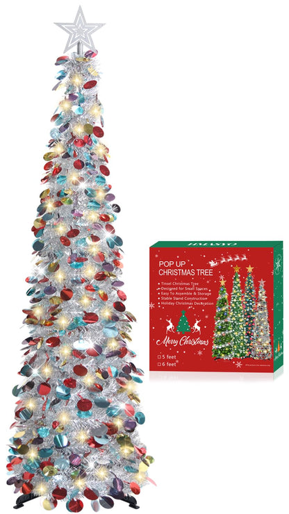 HMASYO 5 FT Pop Up Christmas Tree with Timer Lights, Sliver Tinsel Christmas Tree, Collapsible Artificial Pencil Christmas Tree for Indoor Home Apartment Porch Office Holiday Party Decorations