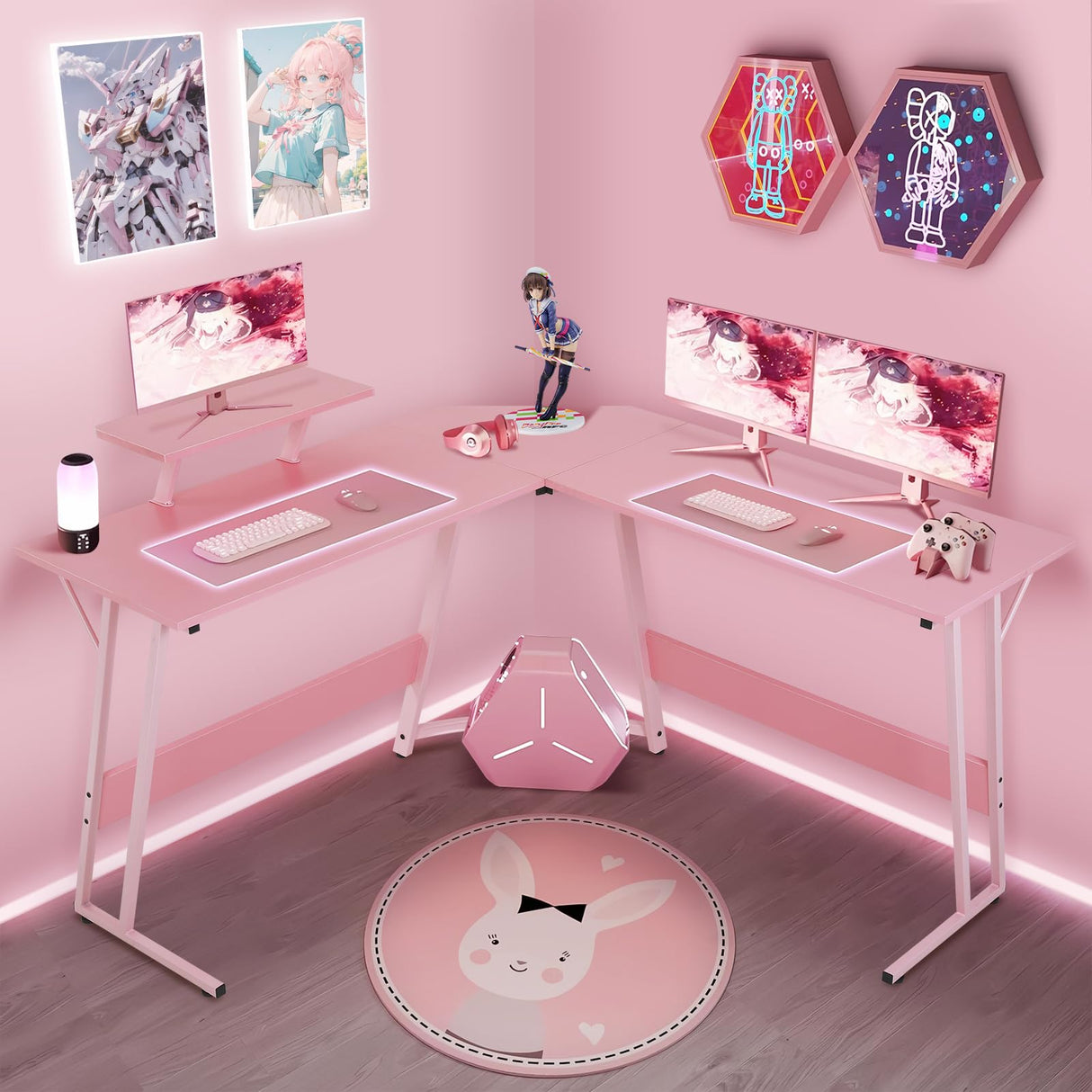 HKLGorg L Shaped Desk Gaming Desk, 50.4’’ Computer Desk, Gaming Table with Monitor Stand Corner Desk with MDF Board Surface, Home Office Desk for Girl Women Gift for Gaming Working Study, Pink HKLGorg