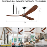 BOOSANT 72" Ceiling Fans without Lights, 72 inch Ceiling Fan no Light, High cfm Quiet 3 Blade Wood Walnut Ceiling Fan, Large Modern Ceiling Fan with Remote, Propeller Outdoor Ceiling Fans for Patios BOOSANT