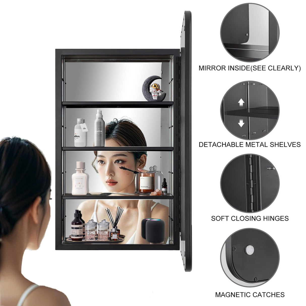 YOOSHINE Black Bathroom Medicine Cabinet with Mirror 17 x 27 Metal Frame Recessed Or Wall Mounted Single Door Storage Medicine Cabinets with Adjustable Shelves Rounded Corner Beveled Mirrors YOOSHINE
