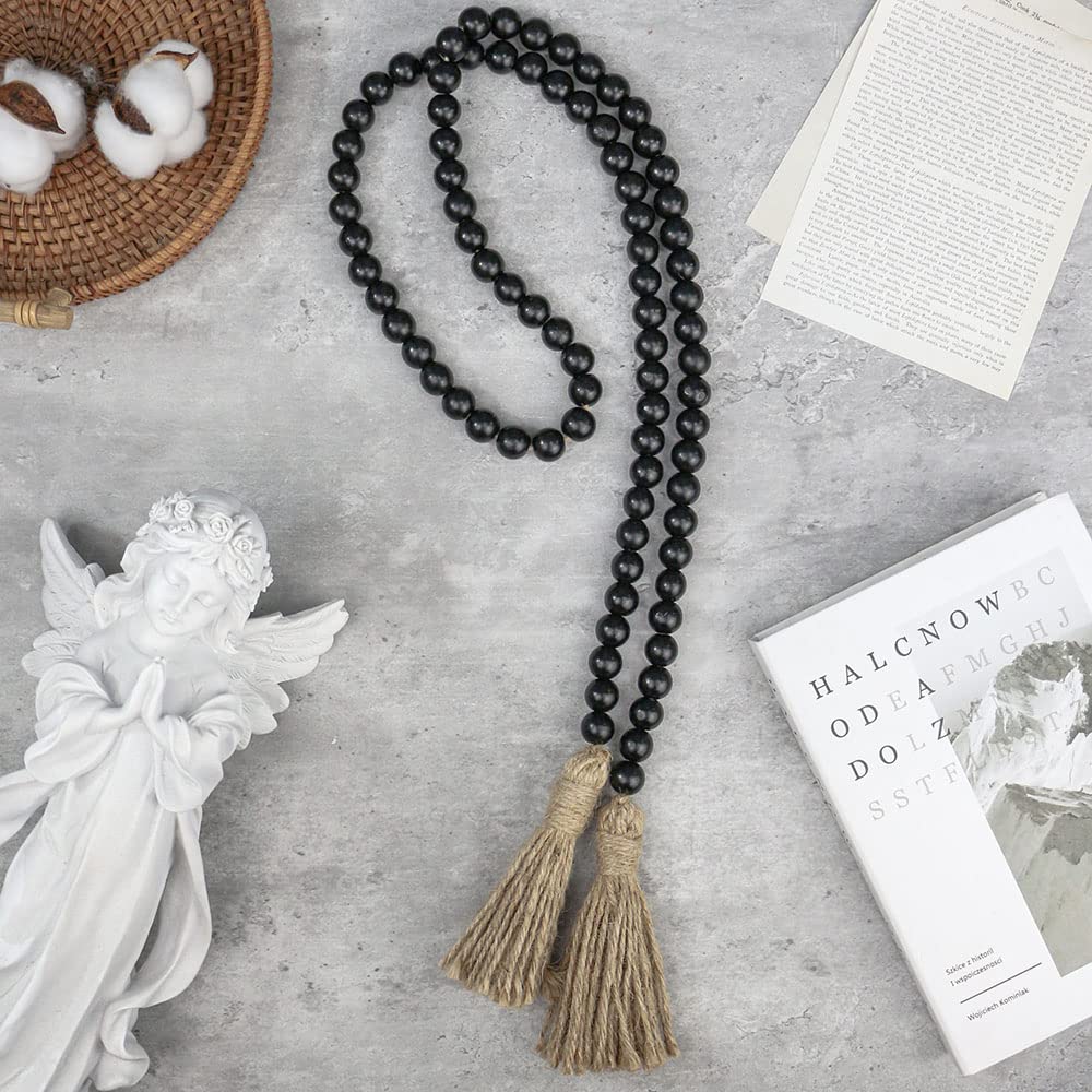 Sivya 58in Farmhouse Beads Wood Bead Garland with Tassels, Rustic Farmhouse Decor for Farmhouse Tiered Tray Farmhouse Wall Decor (Black, 58in/1Pcs) Sivya