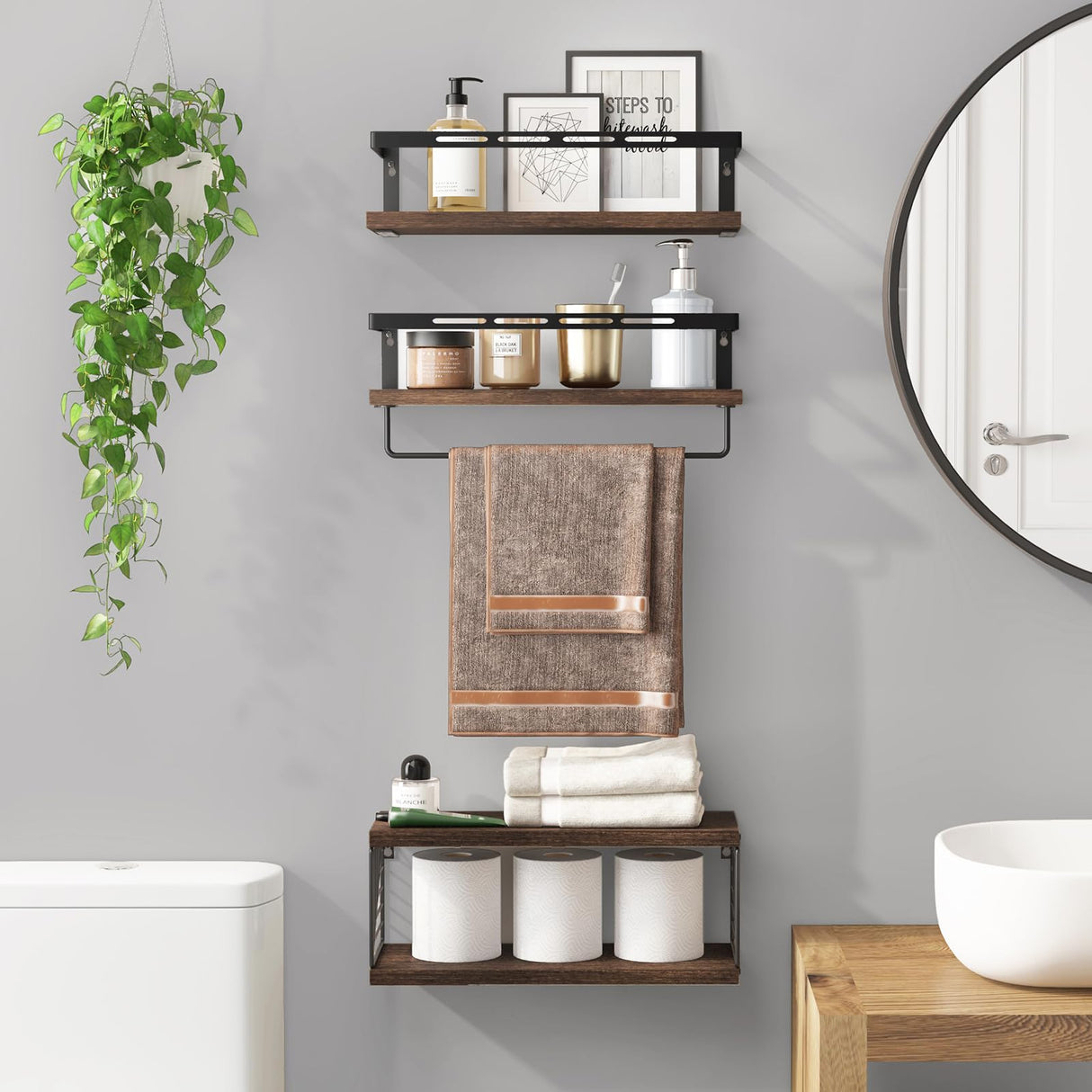 Fixwal 3+1 Tier Wall Mounted Bathroom Shelves Over Toilet, Rustic Wood Floating Shelves with Metal Frame and Towel Bar for Bathroom, Kitchen, Bedroom, Living Room (Dark Brown) Fixwal