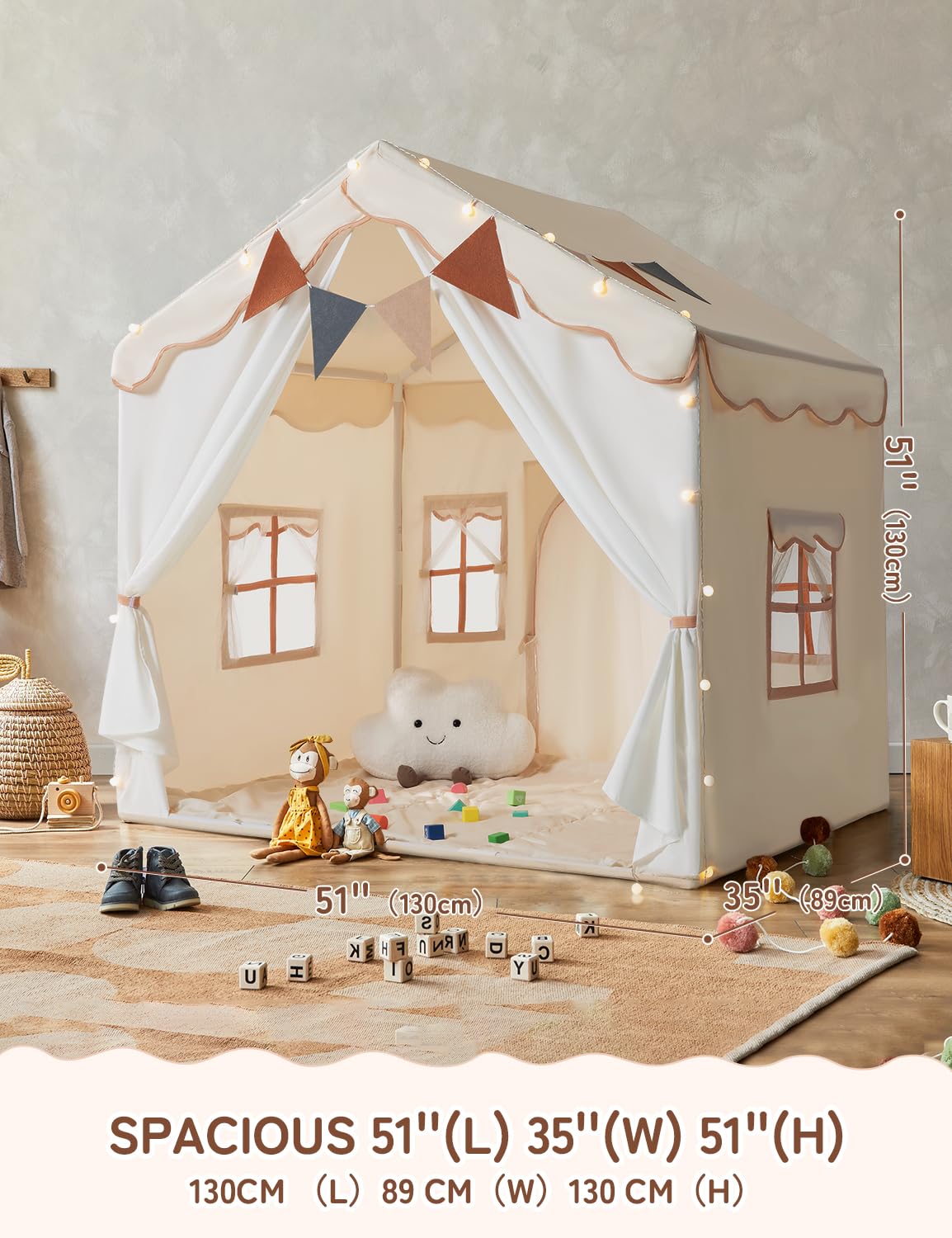 besrey Kids Tent, Kids Playhouse 2 in 1 with Padded Mat and String Lights, Large Play House with 2 Doors & 4 Windows, Kids Play Tent Indoor & Outdoor, Toddler Tent for Kids, 51" x35" x 51" besrey