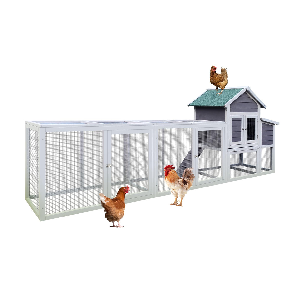 YOPTO 122" Large Chicken Coop with Run,Outdoor Chicken Run W/Nesting Box & Perch,Wooden Hen House W/Ramp & Sliding Trays,Waterproof Poultry Cage W/Sloped Asphalt Roof,for 3-4 Chickens,Gray YOPTO