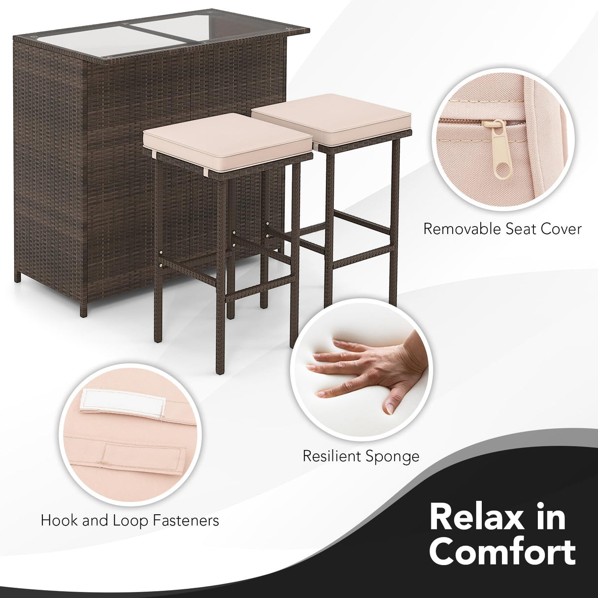 Tangkula 3 Piece Patio Bar Set, Outdoor Rattan Bar Table and 2 Stools with Tempered Glass Tabletop, 2-Tier Storage, Removable Cushions, Outside Wicker Conversation Set Tangkula