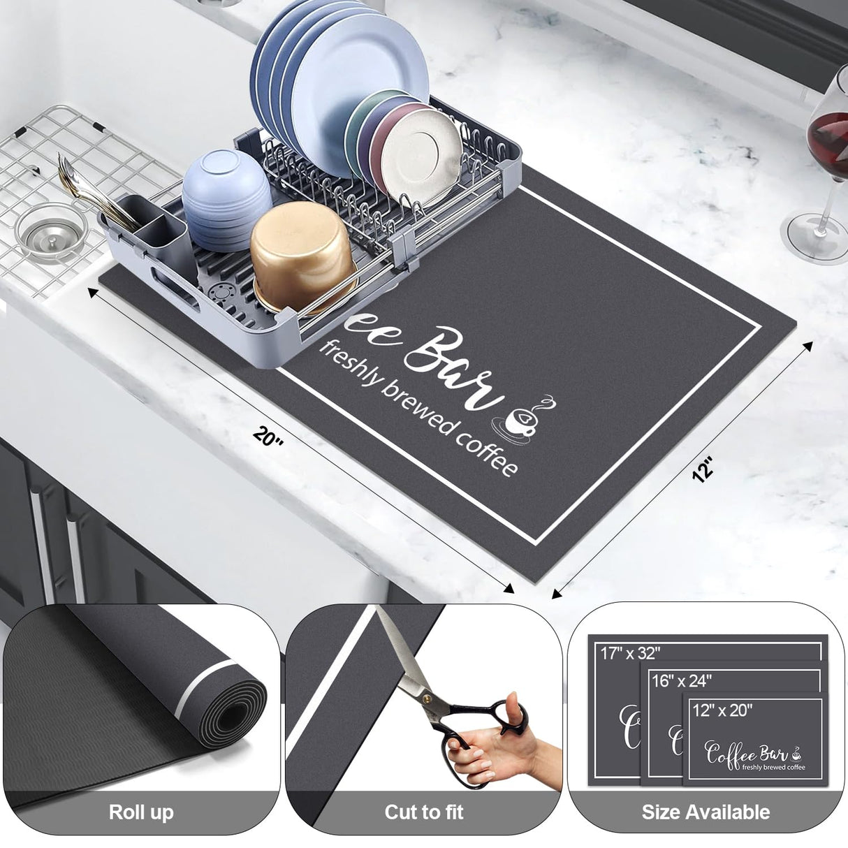Findosom Dish Drying Mat, 12"x20" Absorbent Coffee Bar Mat for Countertops, Coffee Bar Accessories with Coffee Cup Pattern for Kitchen Counter Coffee Maker Coffee Pot Dining Room Decoration Findosom