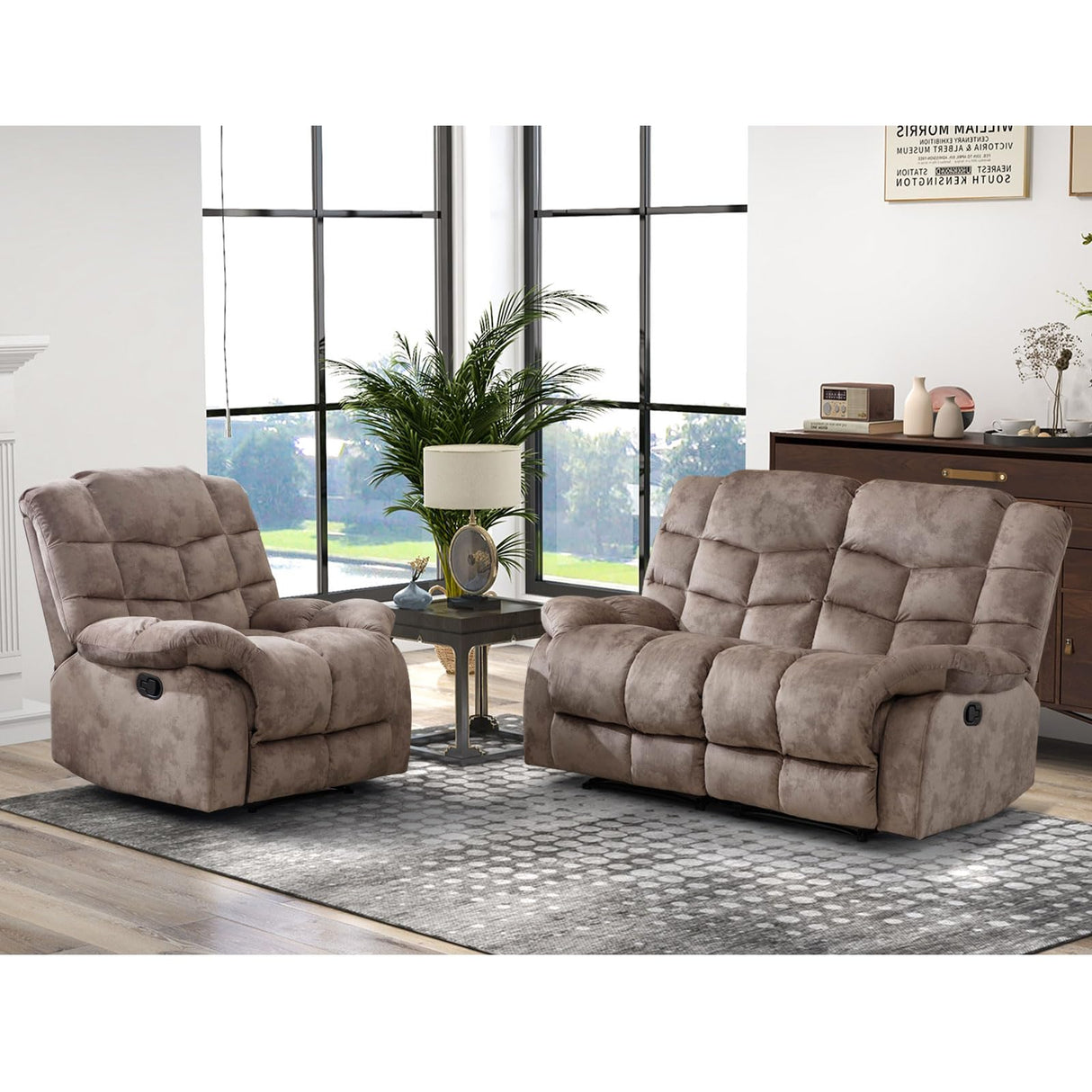 CANMOV Manual Loveseat Recliner, 2 Seat Recliner Sofa Chair with Armrest and Overstuffed Backrest, Couch Set for Living Room, Bedroom, Office, Light Brown CANMOV