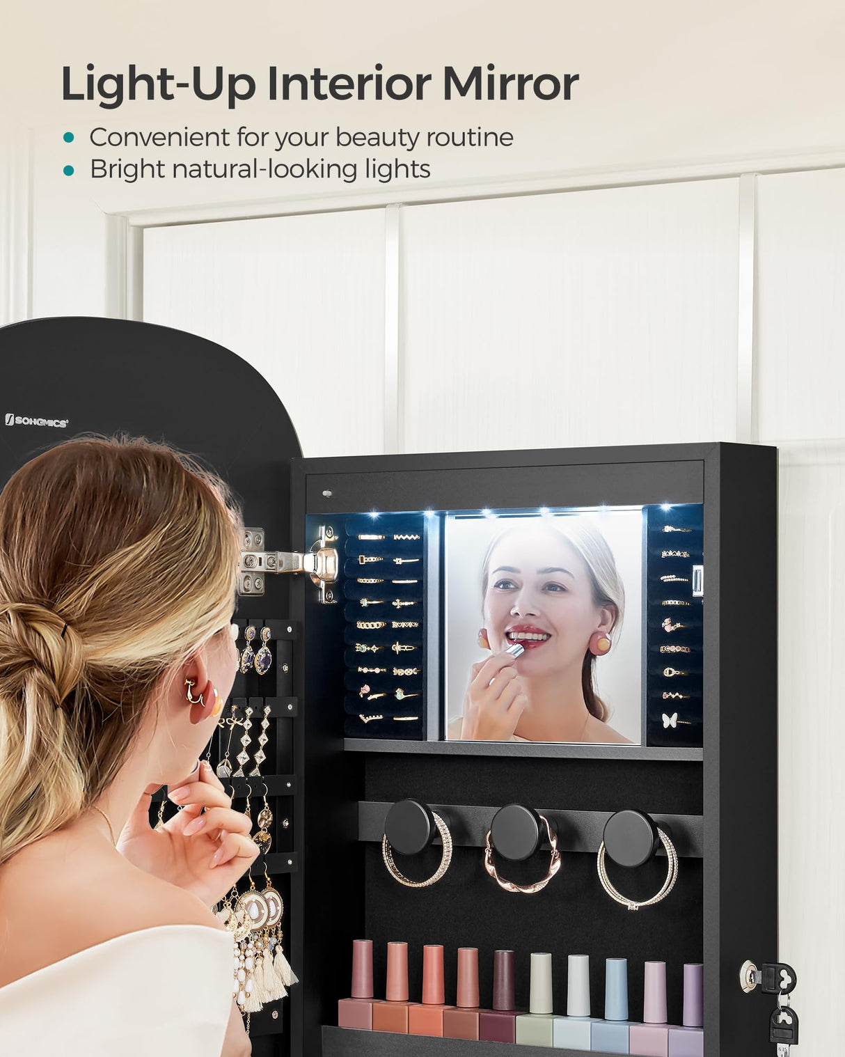 SONGMICS Jewelry Organizer, LED Jewelry Cabinet Wall or Door Mounted, Lockable Rounded Wide Mirror with Storage, Interior Mirror, 3.9 x 16.5 x 42.5 Inches, Black Surface with Black Lining SONGMICS