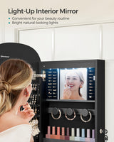 SONGMICS Jewelry Organizer, LED Jewelry Cabinet Wall or Door Mounted, Lockable Rounded Wide Mirror with Storage, Interior Mirror, 3.9 x 16.5 x 42.5 Inches, Black Surface with Black Lining SONGMICS