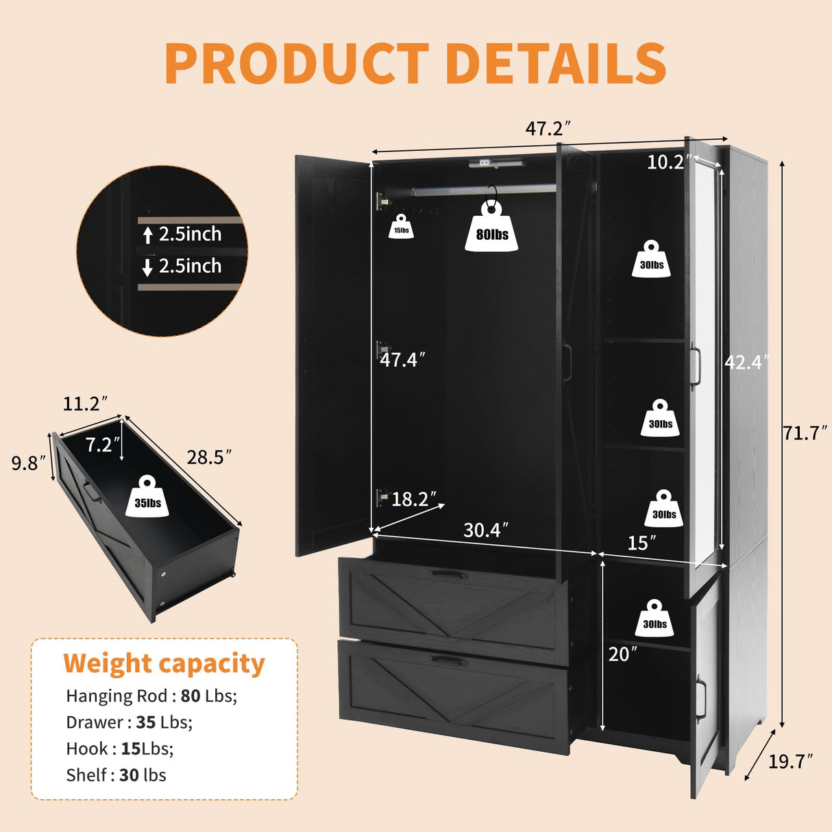 Armoire Wardrobe Closet, 72'' Wardrobe Cabinet with 2 Drawers & Mirror, 3 Doors Bedroom Clothes Closet with Hanging Rod & Built-in Light, Wooden Wardrobe Cabinet with Adjustable Shelf for Bedroom Rumiiro