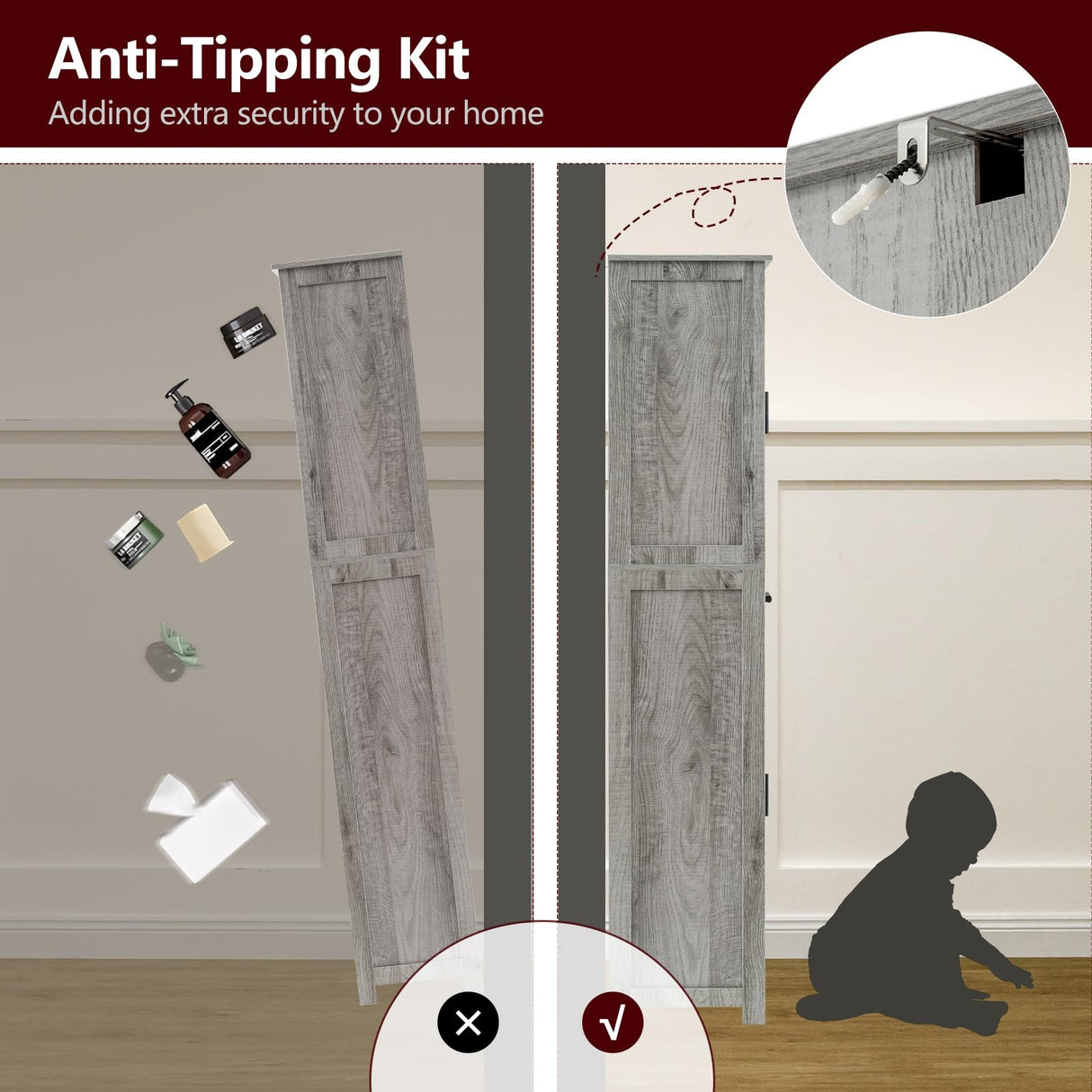 Tall Grey Bathroom Cabinet with 6 Shelves, 2 Doors & Drawer for Narrow Spaces WEENFON