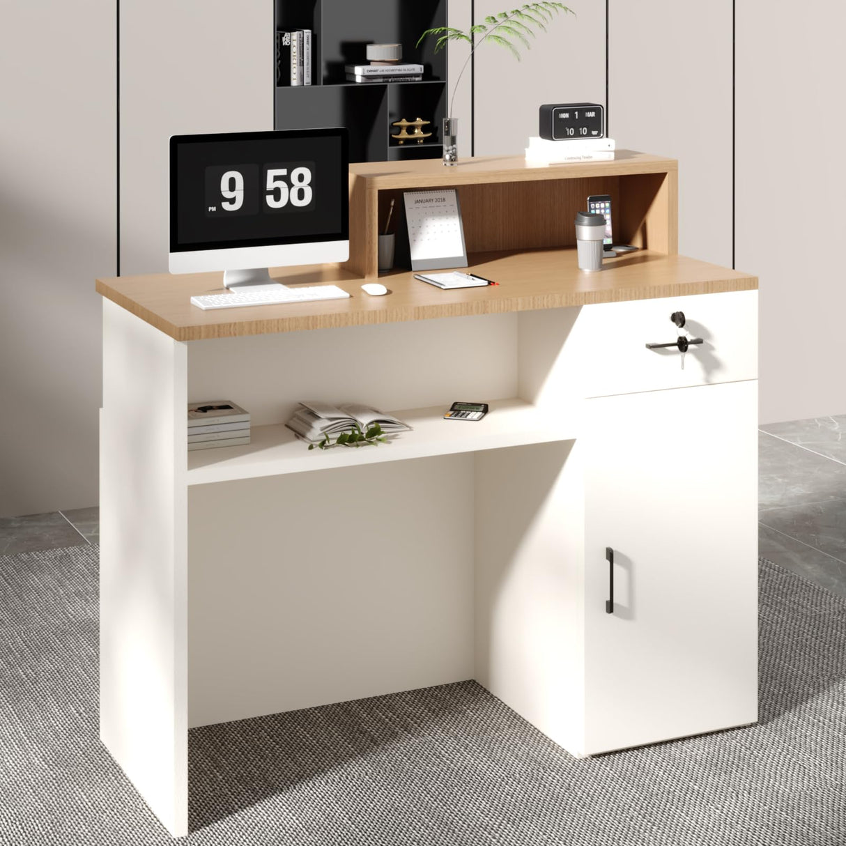 YTElantivo Reception Desk with LED Light and Locking Drawer – 47.2" Small Front Desk for Salon, Office, Retail, Lobby or Checkout Counter Use YTElantivo