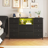 LDTTCUK Dresser with Charging Station and LED Lights, Long Dresser for Bedroom Dresser TV Stand with 10 Drawers, Fabric Chest of Drawers with PU Finish, Wide Dresser Storage Organizer, Black LDTTCUK