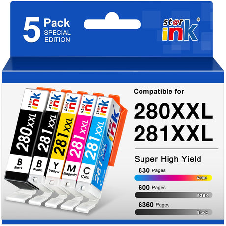 PGI-280XXL CLI-281XXL Compatible Replacement for Canon 280 and 281 Ink Cartridges for Canon TR8620a Ink Cartridges TR8520 Ink TR8620 TR7520 TS6320 TS6120 TS9120 TS8500 TR8600 TS9521C Printer, 5-Pack st@r ink