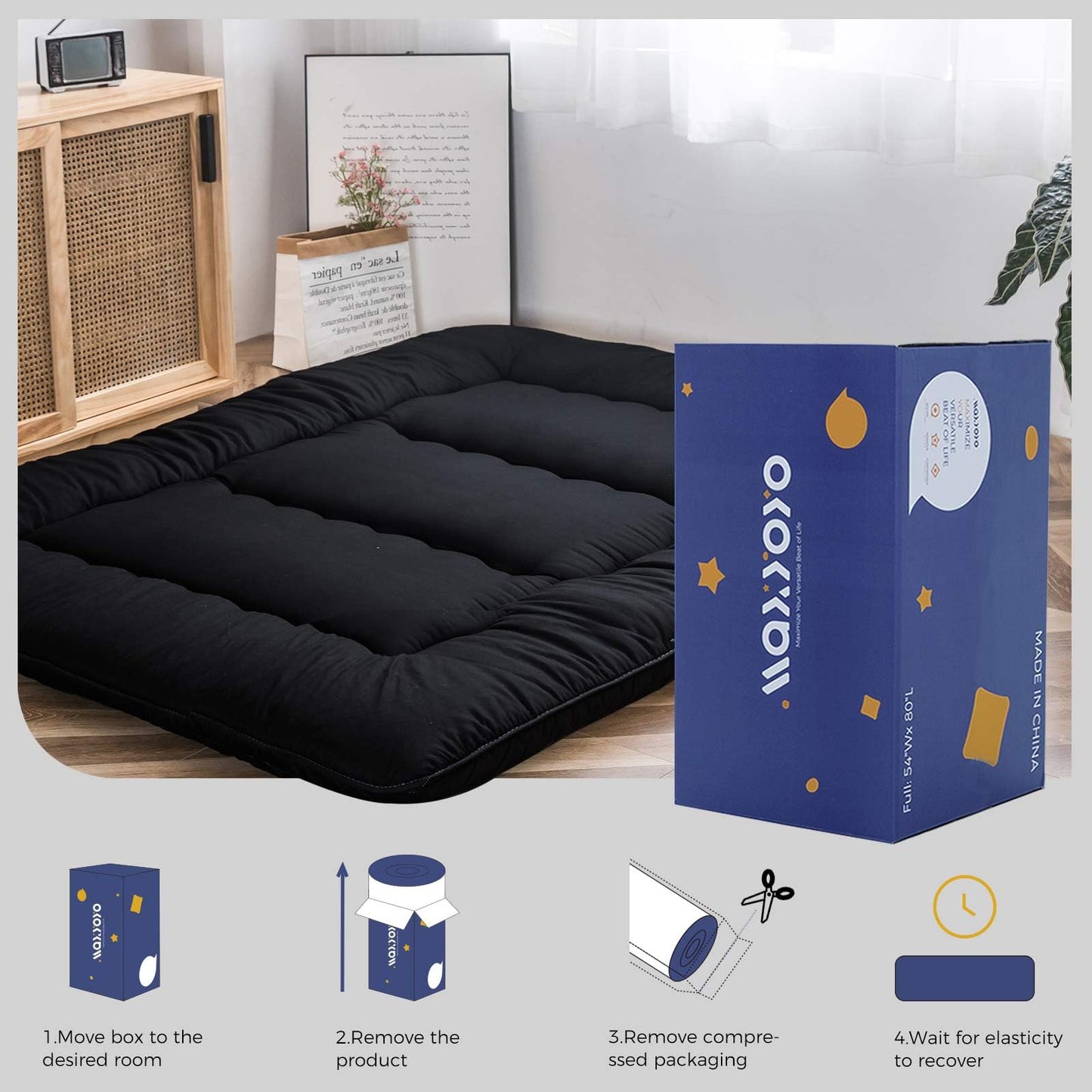 MAXYOYO Japanese Floor Mattress Futon Mattress, 4" Thicken Tatami Mat Sleeping Pad Foldable Roll Up Mattress Boys Girls Dormitory Mattress Pad Kids Floor Lounger Pillow Bed, Black, Twin Size