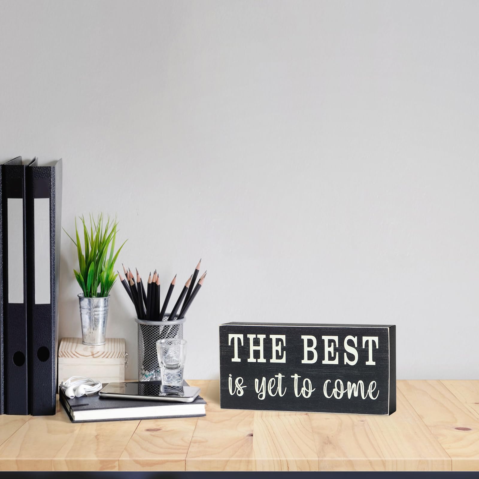 Esur Home Office Desk Decor for Women - Inspirational Farmhouse Cubicle Shelf Accessories Wooden Box Sign - The Best Is Yet To Come - WoodArtSupply