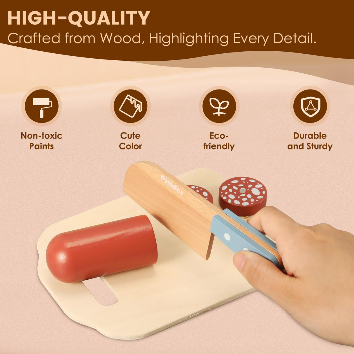 Pithfor Play Knife Set, Play Kitchen Accessories, Wooden Pretend Play Food Set Toys for Kids Toddlers, Gifts for 2 3 4 Years Old Girls Boys Pithfor