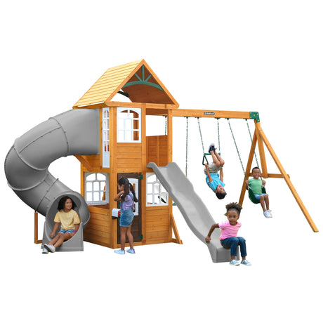 KidKraft Sterling Falls Wooden Swing Set/Playset with Clubhouse, Mailbox, Slide and Play Kitchen KidKraft