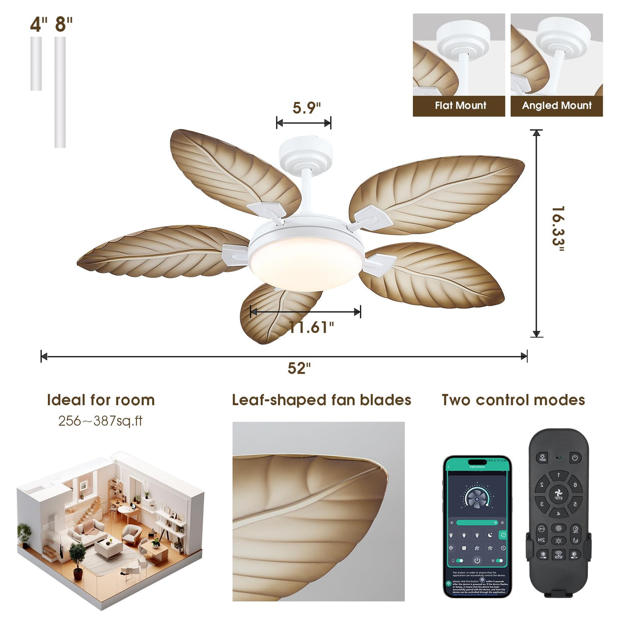 PHORUS 52" Palm Leaf Ceiling Fans with Lights, Outdoor Tropical Ceiling Fans with Remote for Patios Living Room, Dimmable, 6 Speeds, Reversible, Wood Grain PHORUS