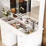 MOUMON Large Vanity Desk with Open Mirror and Glass Tabletop, Vanity Desk with Mirror and Lights, Drawers and Shelves, Crystal Handles, Cushion Stool not Included, White (43.3”W x 19.7”D x 53.6”H) MOUMON