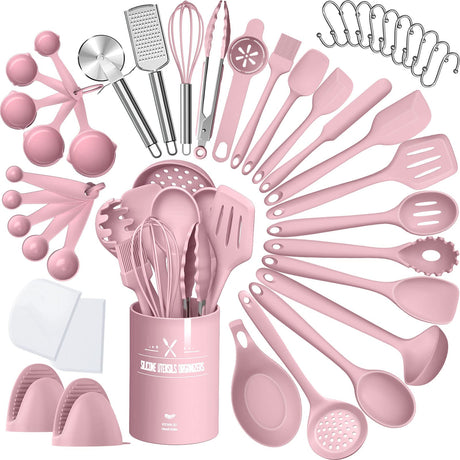 Silicone Cooking Kitchen Utensil Set, AIKKIL 43 Pcs Pink Cooking Utensils Set, Turner, Tongs, Spoon, Spatula, Kitchen Gadgets Tools Set For Nonstick Cookware, Heat Resistant (Dishwasher, BPA Free) AIKKIL
