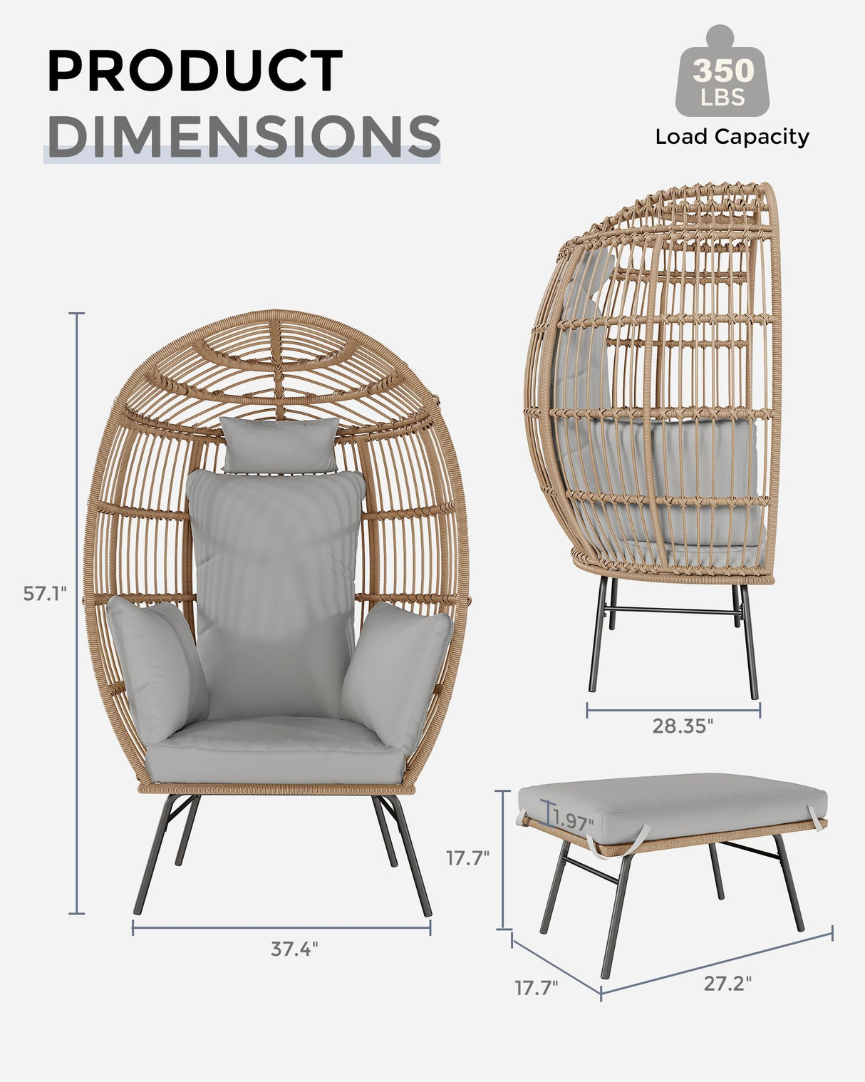Oversize Wicker Egg Chair with 4 Comfy Cushions, Big Egg Shaped Lounger with Ottoman, Rattan Reading Chairs for Indoor Outdoor Patio Porch Backyard, Grey GAOMON