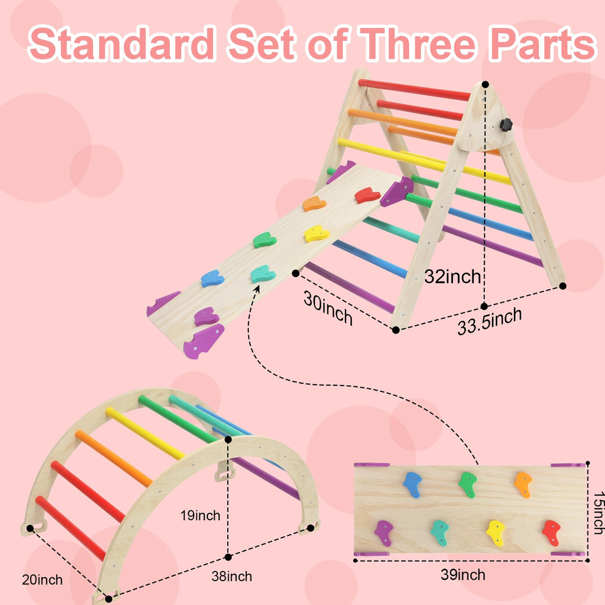 EDOSTORY 5 in 1 Pikler Triangle Set, Indoor Playground and Gym for Kids, Foldable Wooden Montessori Climbing Set Triangle Ladder Set with Slide and Climbing Ramp, Gift for Boys Girls(Rainbow) EDOSTORY