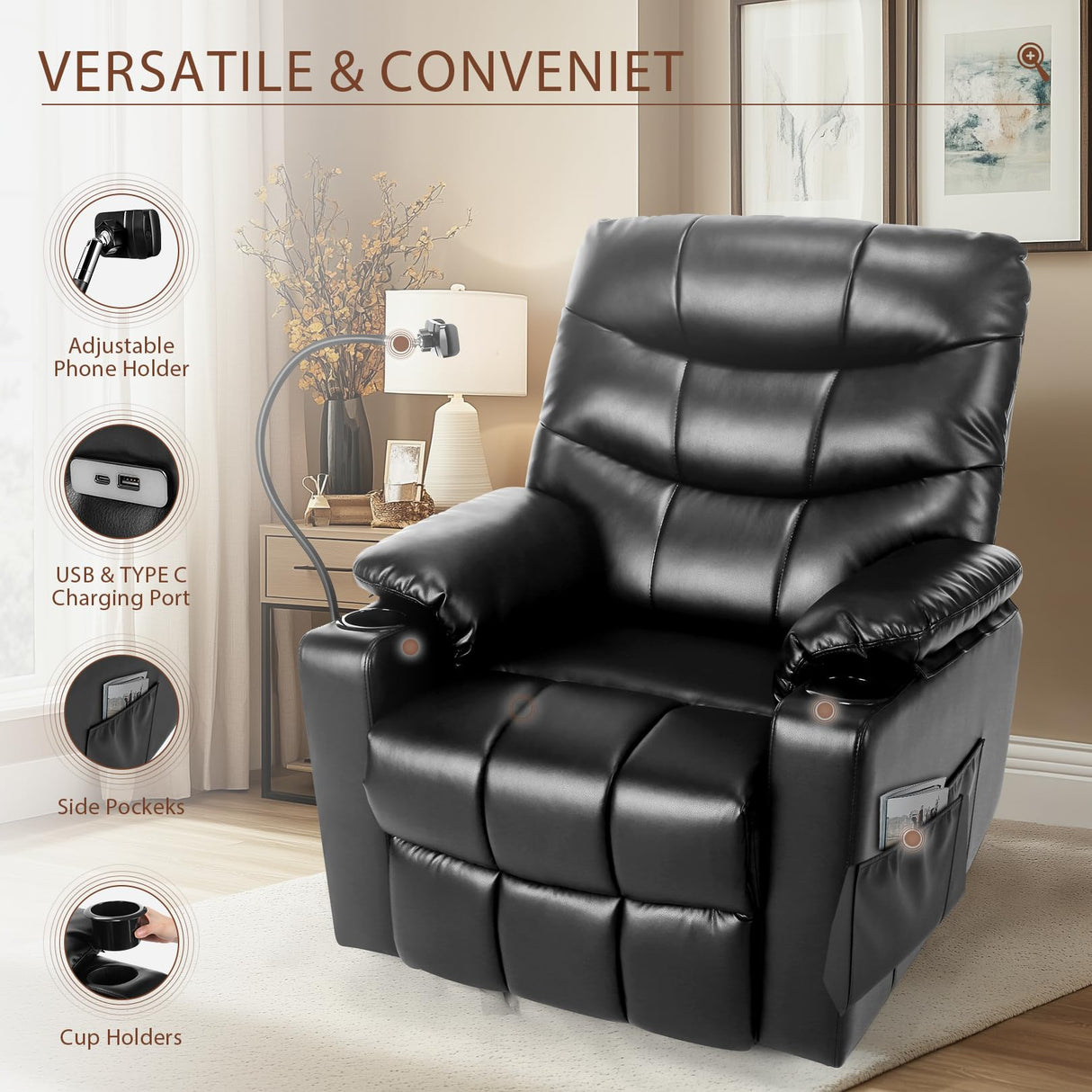 Himimi Power Lift Recliner Chair for Elderly, Adjustable Electric Recliner with 8-Point Vibration Massage, Lumbar Heating, Remote Control, Cup Holders, USB & Type-C Ports (Black) Himimi