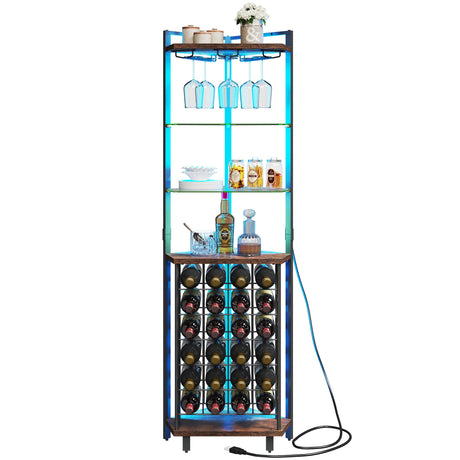 DWVO Corner Bar Cabinet with LED Light and Outlet, Wine Rack Freestanding Floor with Glass Holder and Bottle Wine Storage, Industrial Corner Liquor Cabinet Shelf for Kitchen Home Bar, Rustic Brown DWVO