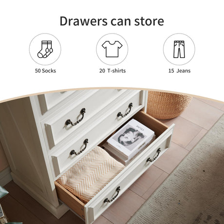 systemktesm Farmhouse 5 Drawers Dresser for Bedroom, 46" Tall Modern Chest of Drawers with Metal Handle, Rustic Dresser TV Stand, Wood Drawer Organizer for Bedroom, Living Room, Hallway (White) systemktesm