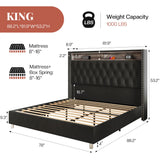 Jocisland King Size Bed Frame 53.6'' Tall Storage Headboard with LED Lights & Charging Station, Velvet Upholstered Button Tufted Wingback Platform Beds, No Box Spring Needed, USB Ports, Black Jocisland