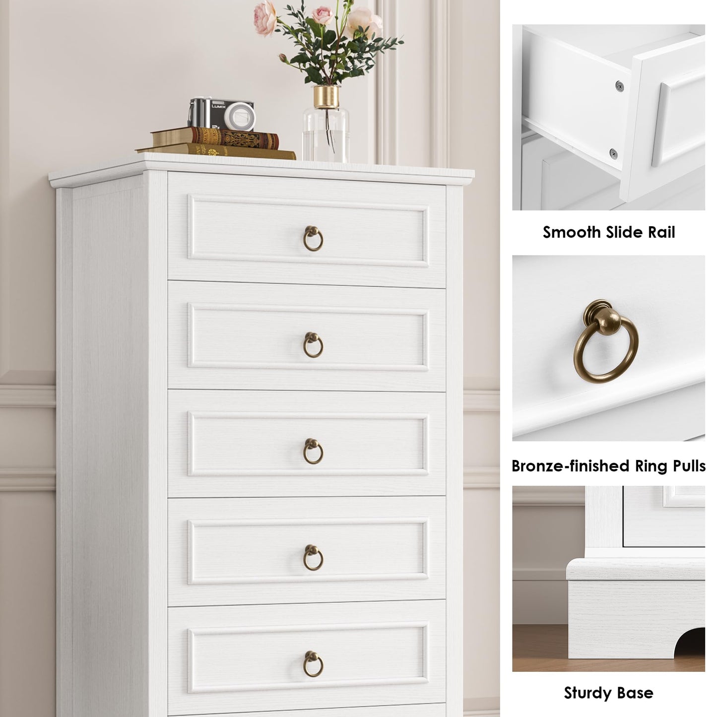 HOSTACK White Dresser for Bedroom, 52" Tall Dresser, Vertical 6 Drawer Dresser, Modern Farmhouse Chest of Drawers, Wood Closet Dresser Storage Dresser Chest for Living Room, Hallway, Entryway - WoodArtSupply