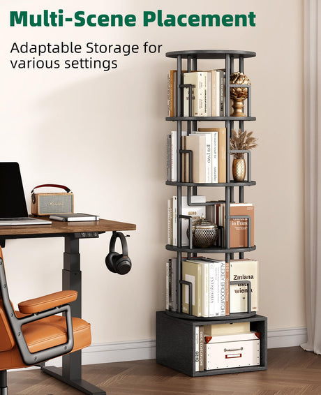Kalrin 5 Tier Rotating Bookshelf with Extra Storage Cabinet, 360°Spinning Corner Bookshelf, Floor Standing Bookcase for Kids & Adult, Narrow Book Shelf for Bedroom Living Room, Pure Black Kalrin