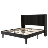 SHA CERLIN Full Size Velvet Bed Frame with Vertical Channel Tufted Wingback Headboard, Upholstered Platform Bed with Wood Slats, No Box Spring Needed, Easy Assembly, Black SHA CERLIN