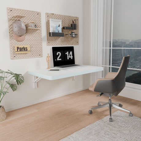 IAE Wall Mounted Folding Table with pine wood, 24" x 14" Wall Mount Drop Leaf Table, Floating Desk with Iron Bracket, Fold Down Desk for Small Spaces, Home Office, Dining, Laundry Room, Kitchen, White IAE