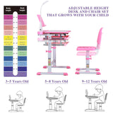 UNICOO Kids Study Table and Chair Set, Height Adjustable Kids Art Desk, Ergonomic Study Desk for Kids, with Premium Quality LED Lamp, Tilt Desktop, Pull Out Drawer Storage (Pink) UNICOO