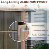 EROMMY 10' x 16' Sunroom, Wall Mounted Gazebo Solarium with Drainage Trough, Polycarbonate Roof, Lean to pergola for Garden, Permanent Sun Room with Lockable Sliding Doors, Brown EROMMY