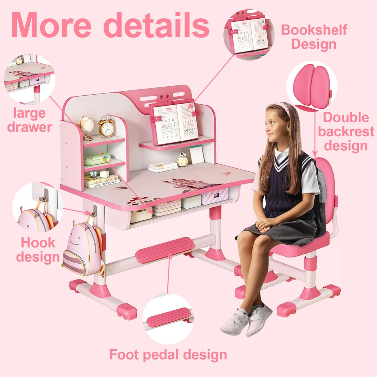 Kids Study Table and Chair Set, Adjustable Art Desk Girls Desk for Bedroom, Study Table with Large Writing Board Bookshelf and Drawer (Pink) Bidbory