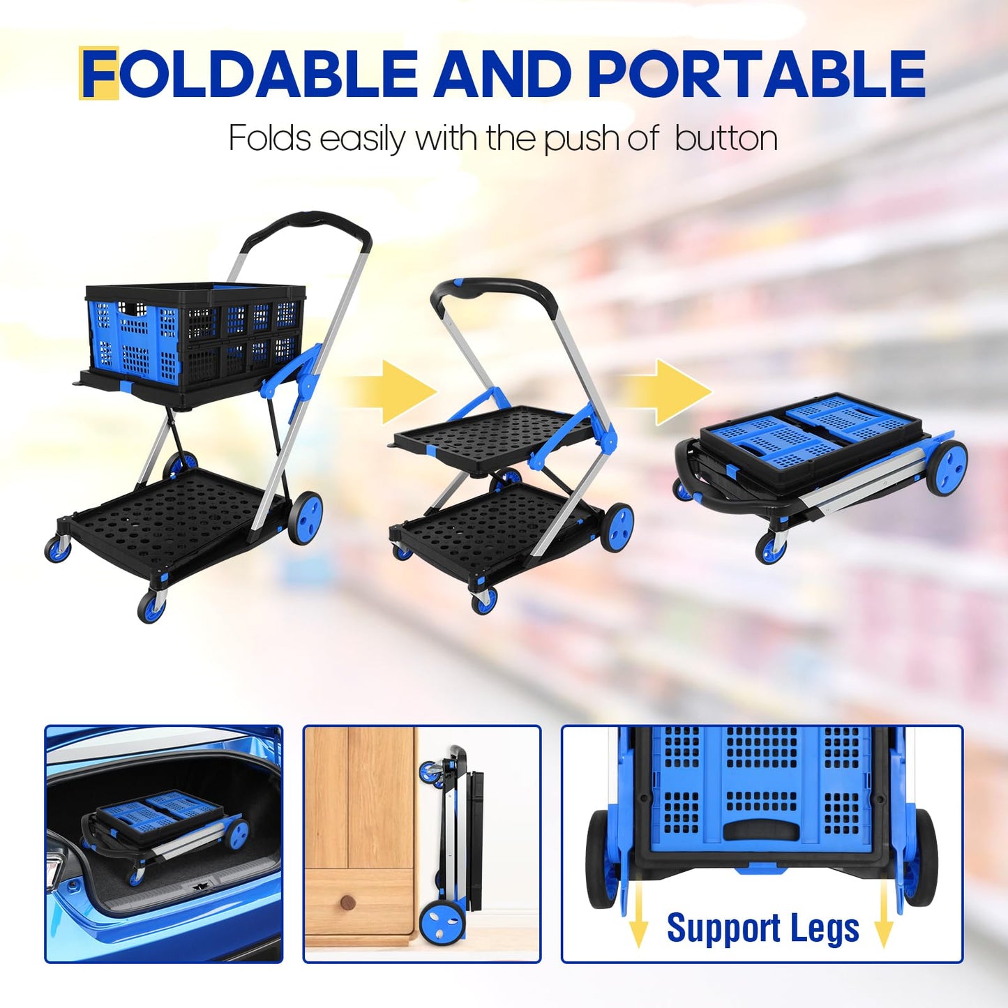 Multifunctional Folding Cart with Wheels,Two Layers Collapsible Utility Cart for Groceries,Office,Warehouse,Supermarket, Double Layer Foldable Shopping Cart(Blue),Collapsible Handcart Heavy Duty