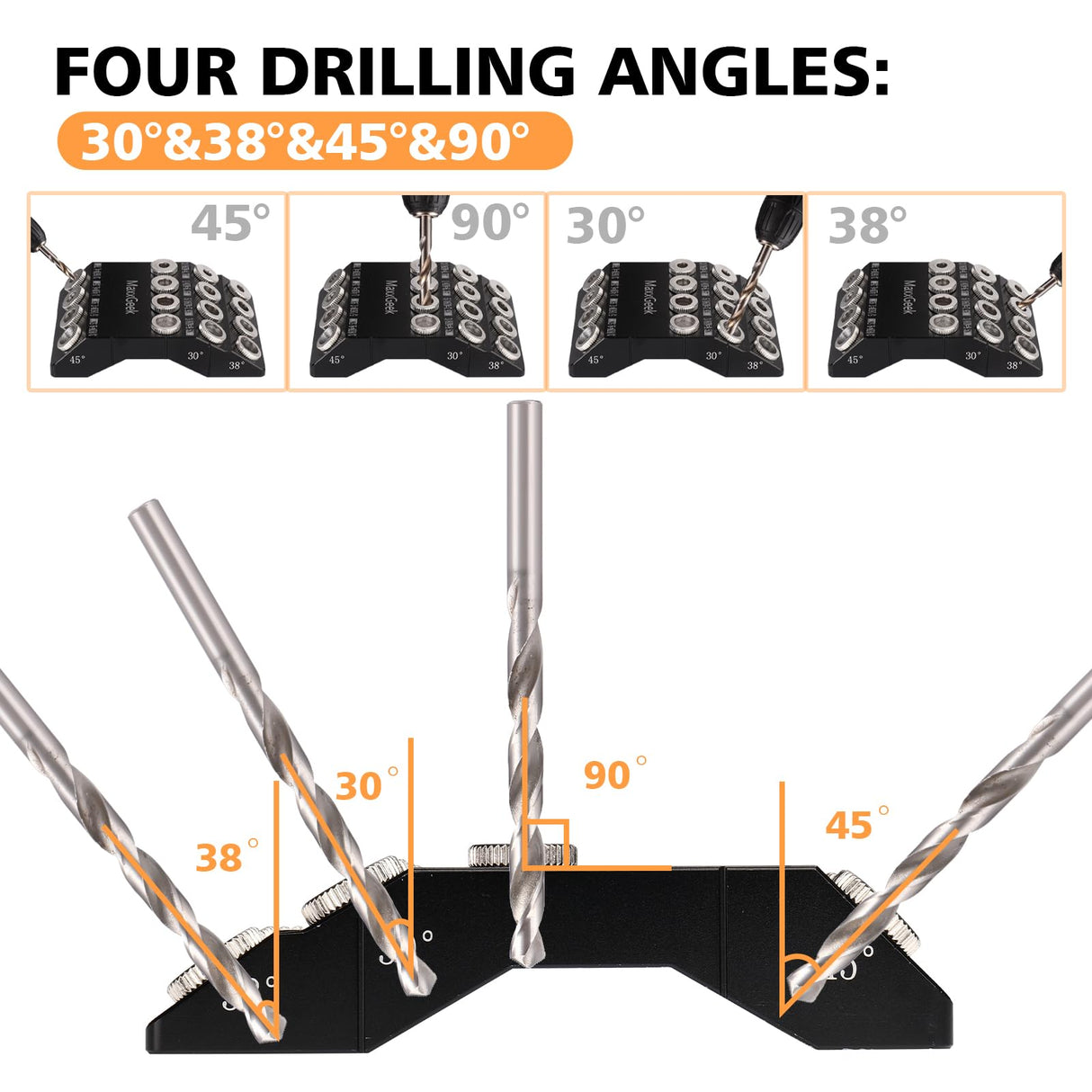 MaxxGeek Drill Guide for 30 38 45 90 Degree Angled and Straight Holes, Added 38 Degree Portable Drill Guide for Deck Stair Handrail and Horizontal Cable Wood Post （Without Drill Bit） MaxxGeek
