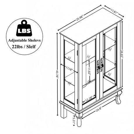 nifoti 43" H Lighted Curio Cabinet Display Case, Glass Curio Cabinet with Adjustable Shelves & Tempered Glass Door, Wooden Curio Cabinet with Mirrored Back Pane for Living Room (Antique White) nifoti