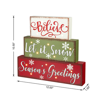 Glitzhome Wooden Block Sign, Christmas Table Decorative Signage, Believe Let It Snow Season's Greetings, 11.81 x 1.57 x 10.59 inches, MDF, Farmhouse Wood Block Decor