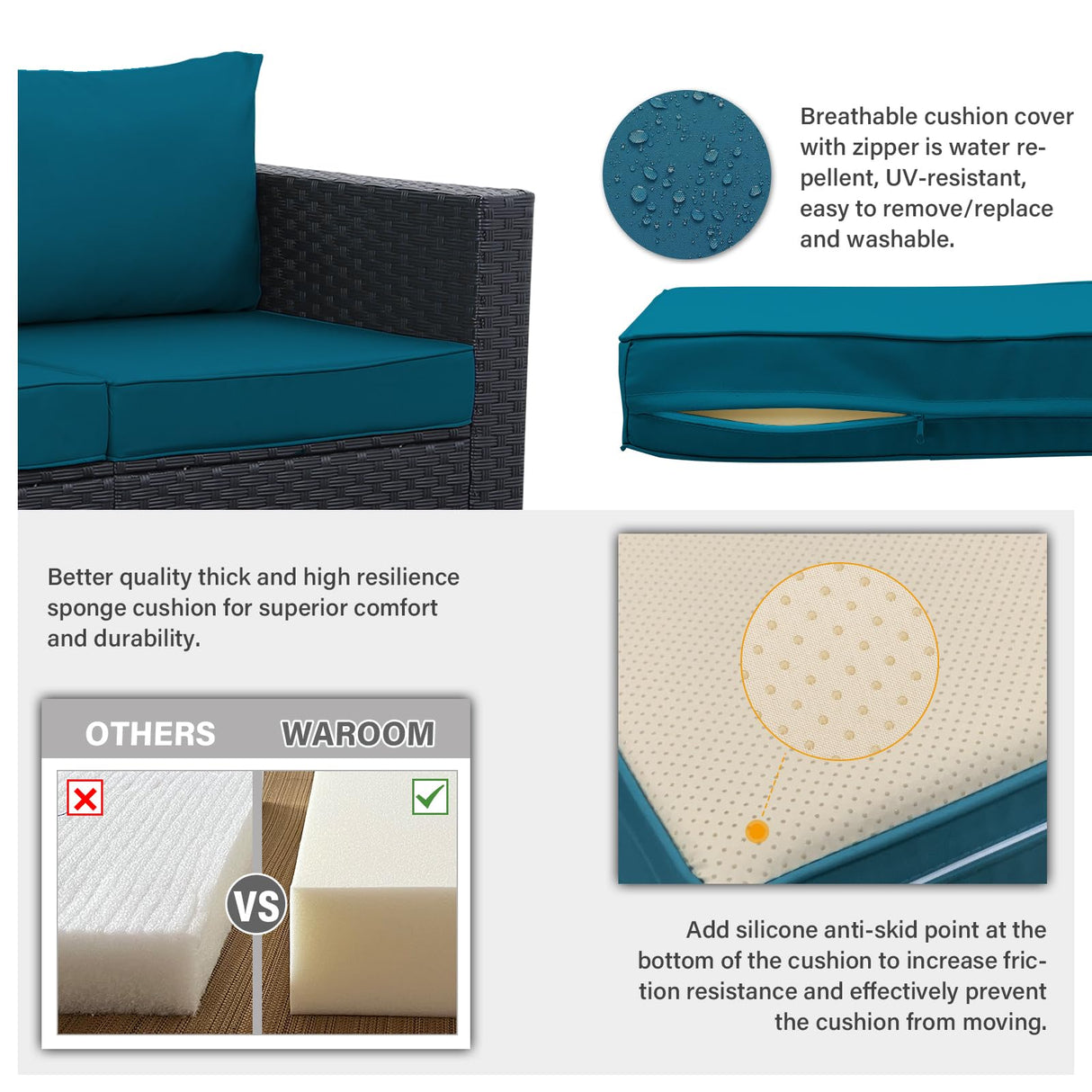 WAROOM Outdoor PE Wicker Patio Furniture Set 4 Piece Black Rattan Sectional Sofa Loveseat Couch Conversation Set with Storage Box Glass Top Table and Anti-Slip Peacock Blue Cushion WAROOM