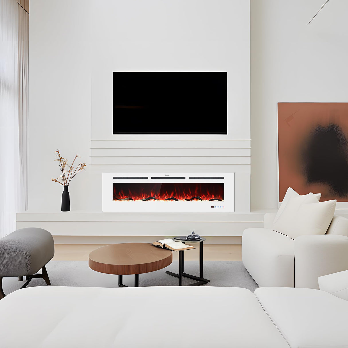 Velaychimney Electric Fireplace, 48" Wall Mounted Electric Heater with/Thermostat, Adjustable Flame & Bed Color, Timer, Remote & Touch Screen Control, 750/1500W, Log/Crystal, White Velaychimney