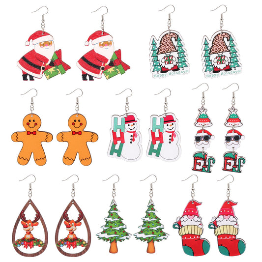 Risyfjew 8 Pairs Christmas Earrings for Women Lightweight Wooden Christmas Drop Dangle Earrings Christmas Tree Gingerbread Decoration Cute Gifts Jewelry for Women